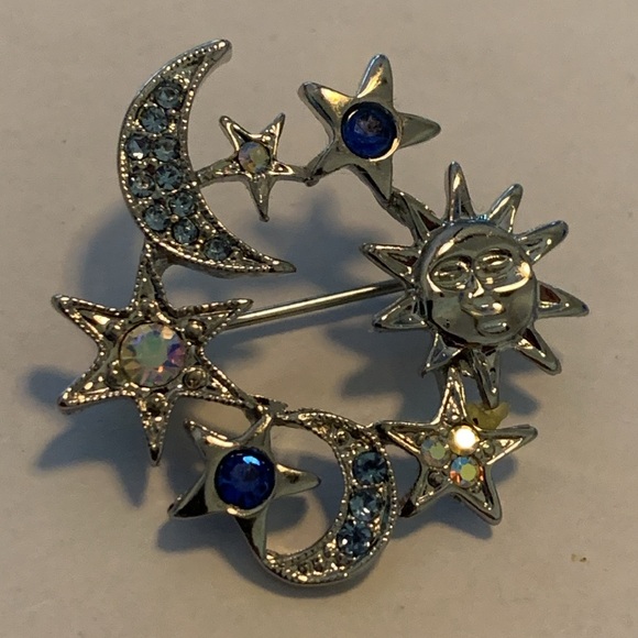 Sun Moon Stars Celestial Brooch Pin Silver Tone Rhinestones - Picture 2 of 4